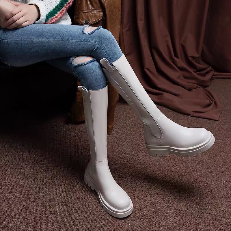 Chimney Boots Thick-soled High Boots White Full Leather Thick Heel Stretch Stovepipe Boots Women