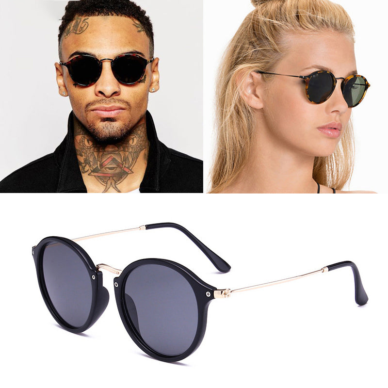 Unisex metal round-frame retro sunglasses for men and women – classic design with black lenses and PC-metal construction