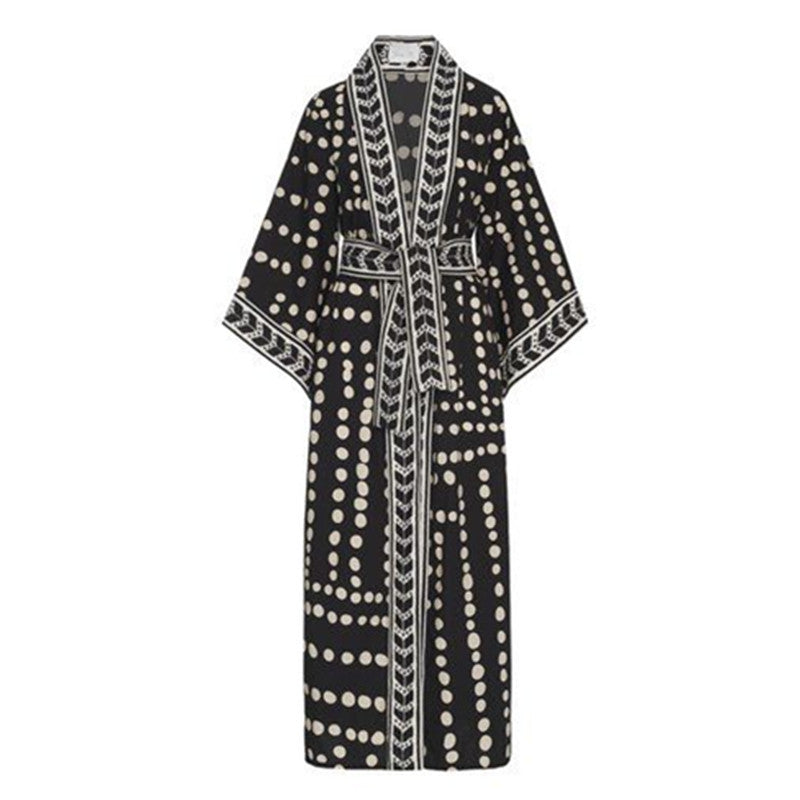 Black and white bohemian polka dot kimono beach kaftan with tribal trim and waist tie – lightweight women's summer cover-up