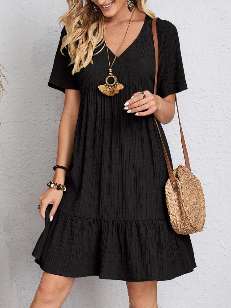 Women’s short sleeve V-neck ruffled summer black dress for beach and casual wear