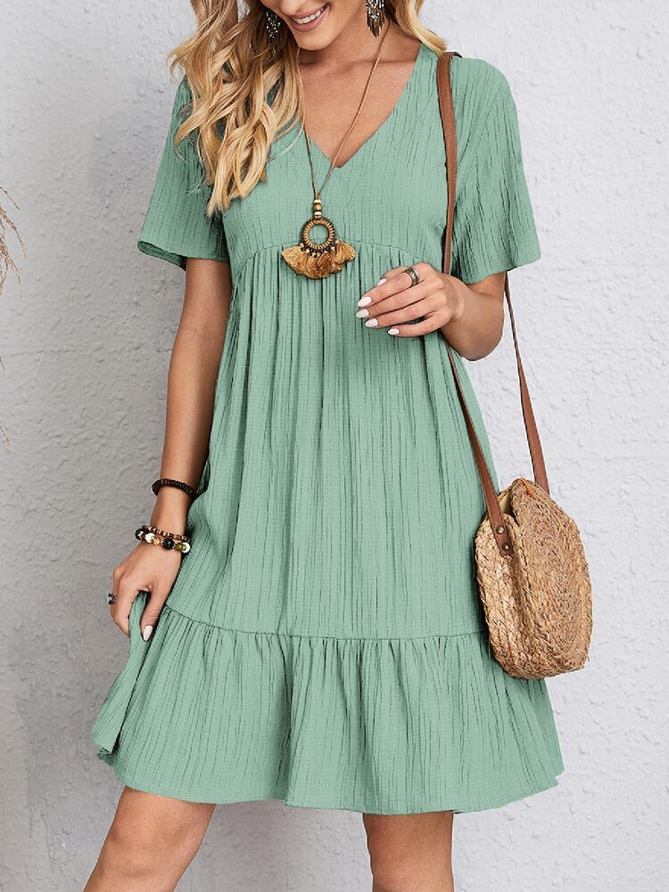 Women’s short sleeve V-neck ruffled summer mint green  dress for beach and casual wear