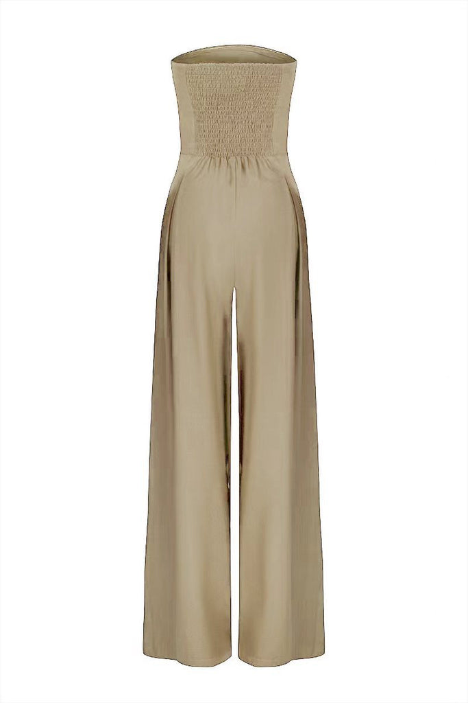 Strapless wide-leg women's jumpsuit in beige – stylish one-piece outfit Back view 