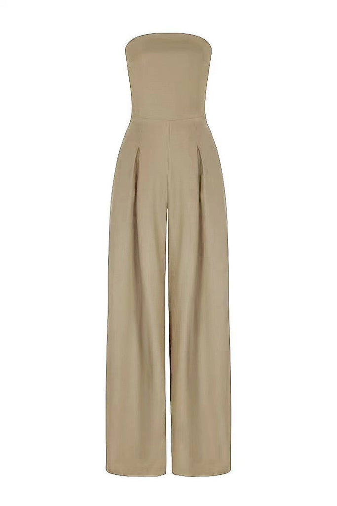 Elegant beige strapless wide-leg jumpsuit for women – summer evening fashion Front View 