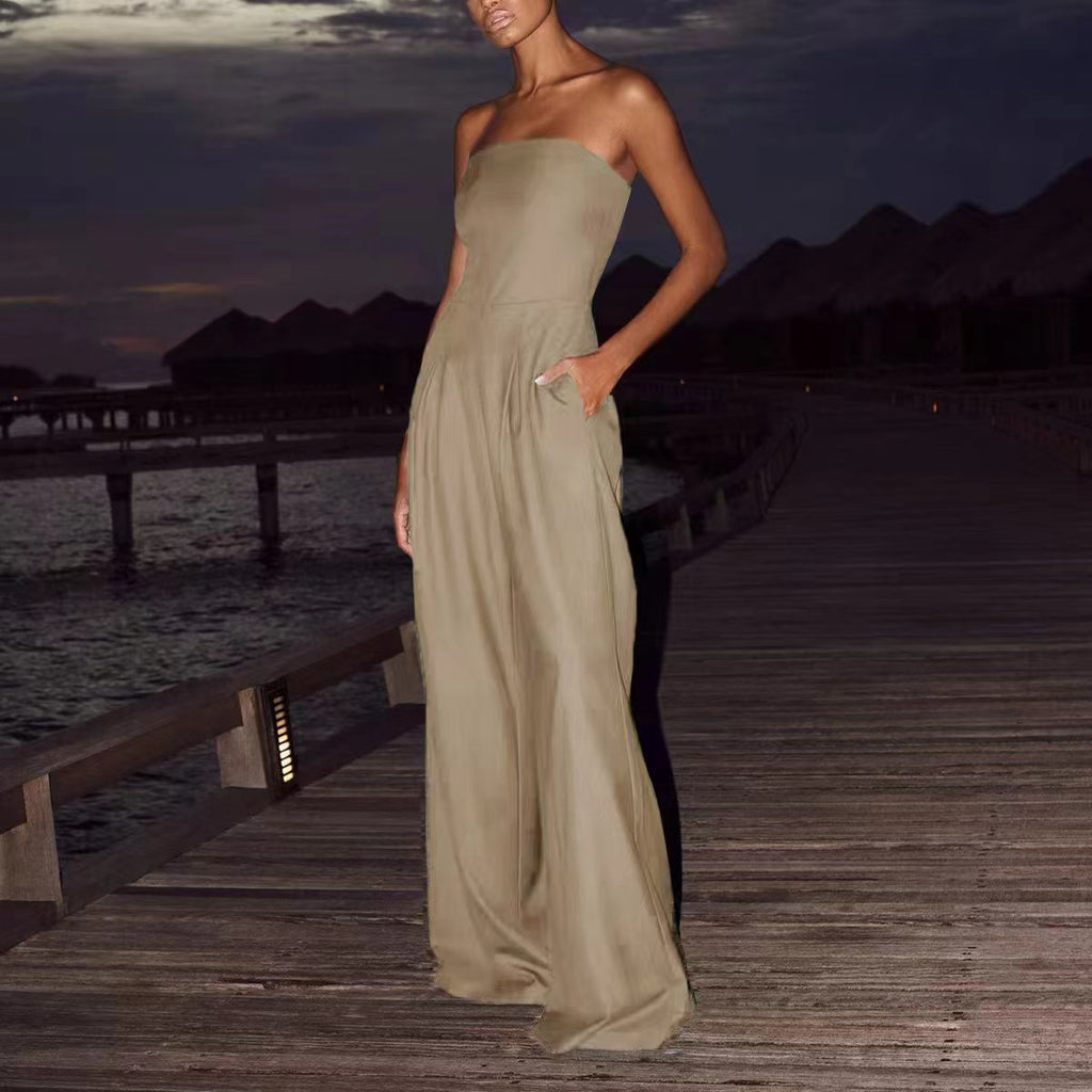 Elegant beige strapless wide-leg jumpsuit for women – summer evening fashion side view 