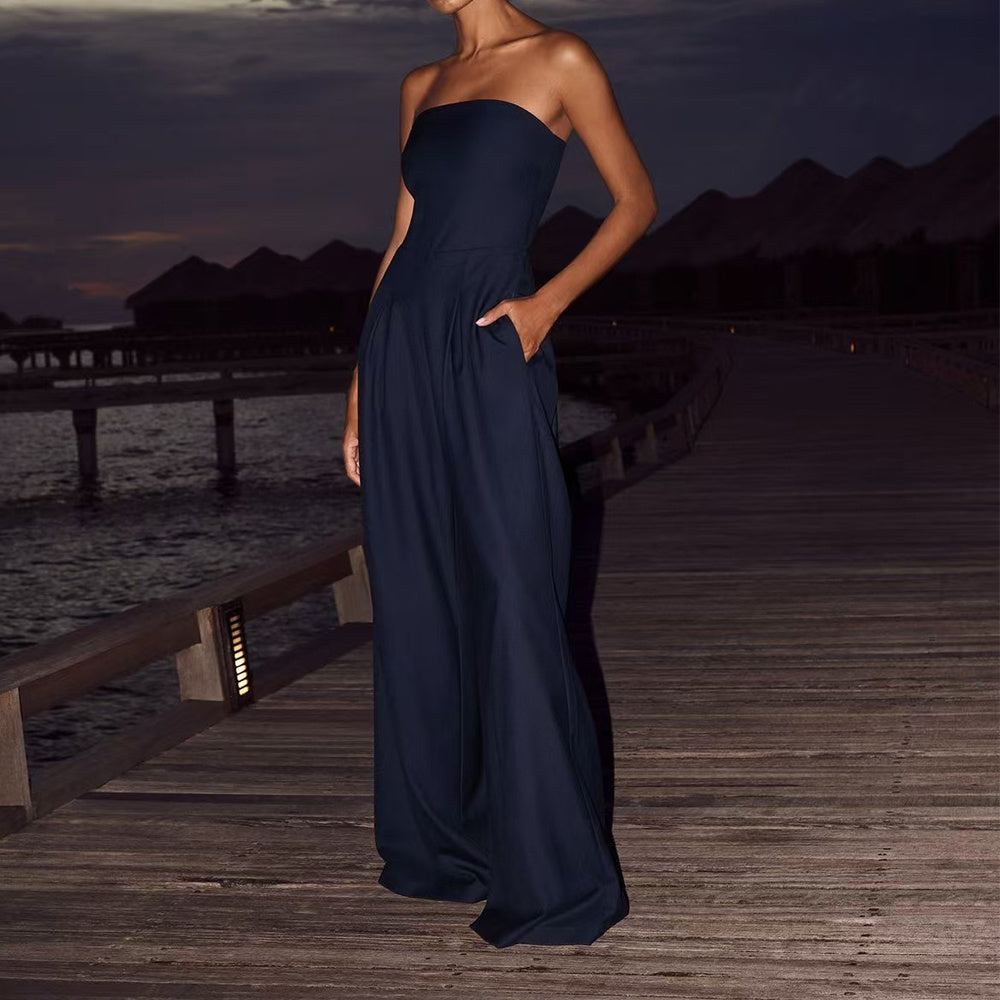 Elegant Navy Blue strapless wide-leg jumpsuit for women – summer evening fashion