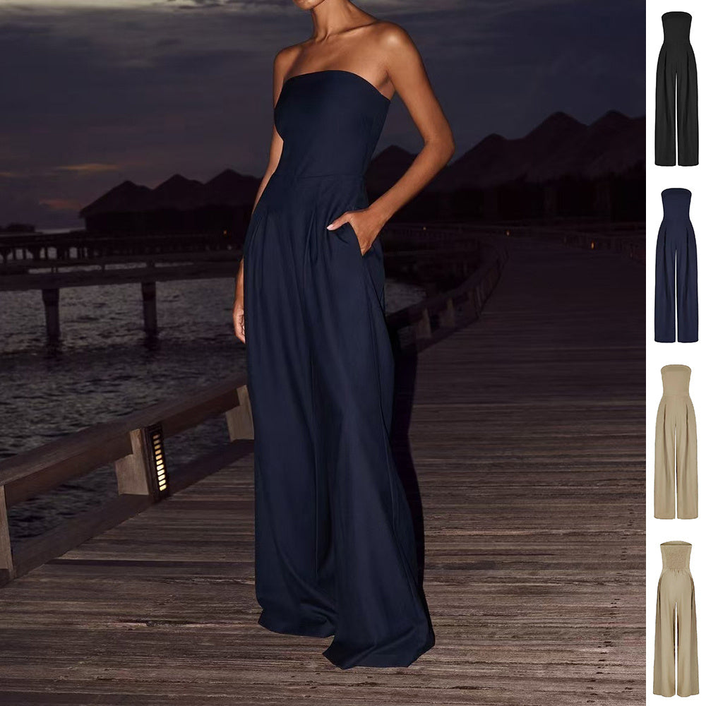 Strapless wide-leg women's jumpsuit in black, navy, and beige color options – stylish one-piece outfit