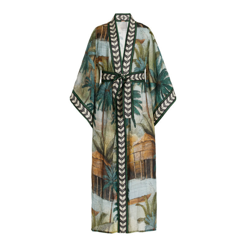 Sheer tropical palm tree kimono robe for women with black tribal trim – long beachwear cover-up for vacation and resort style