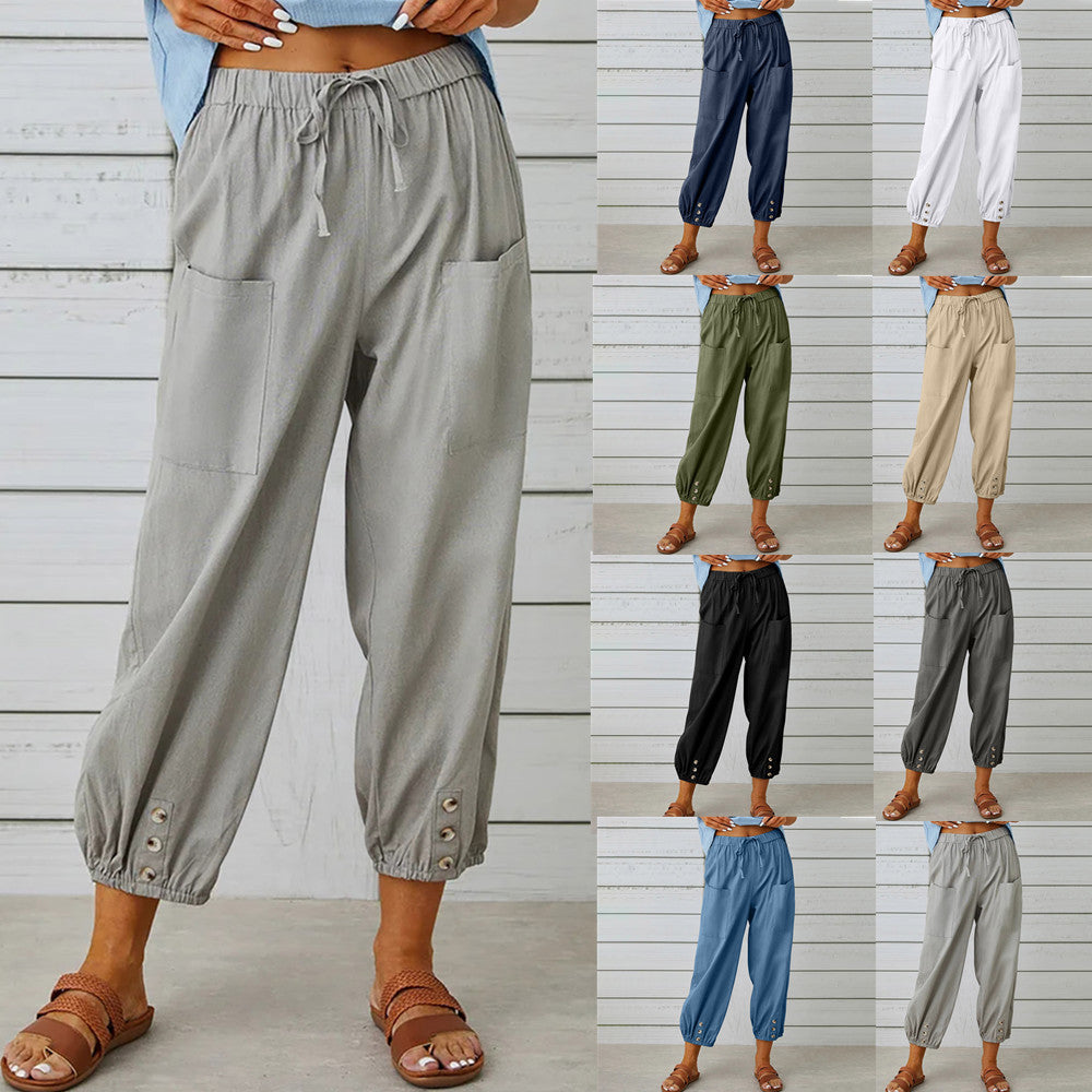 Women’s loose cotton and linen drawstring pants with pockets and button cuffs – lightweight casual trousers in 10 colors

