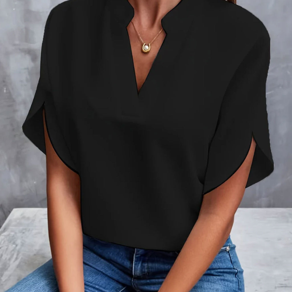 Women’s lightweight chiffon V-neck short sleeve black blouse for summer casual wear
