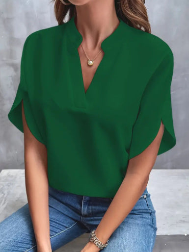 Women’s lightweight chiffon V-neck short sleeve green blouse for summer casual wear