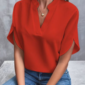 Women’s lightweight chiffon V-neck short sleeve red blouse for summer casual wear