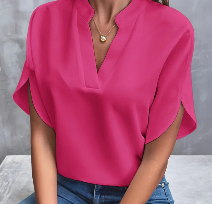 Women’s lightweight chiffon V-neck short sleeve rose red blouse for summer casual wear