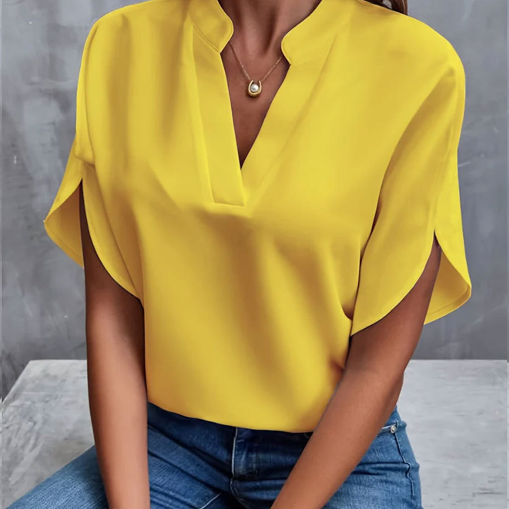 Women’s lightweight chiffon V-neck short sleeve yellow blouse for summer casual wear