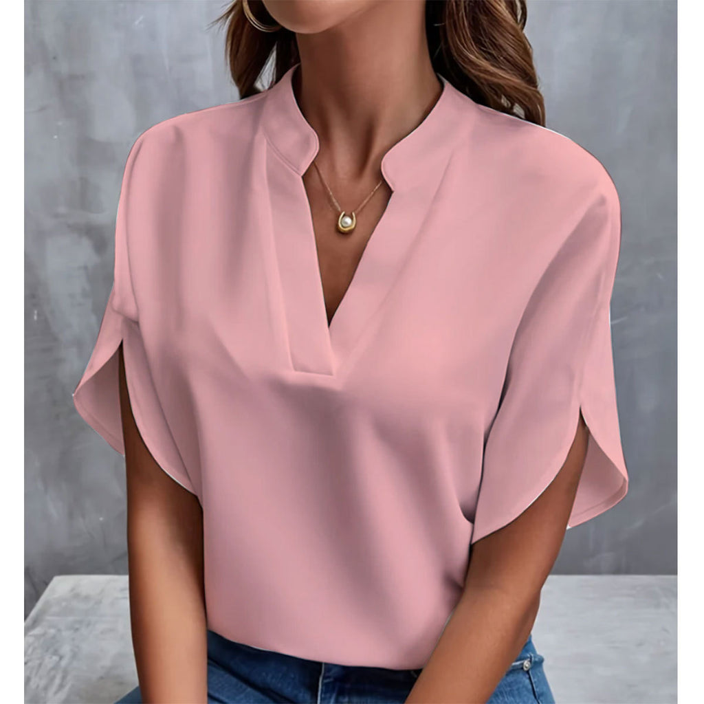 Women’s lightweight chiffon V-neck short sleeve light pink blouse for summer casual wear