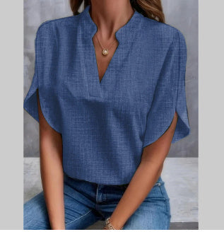 Women’s lightweight chiffon V-neck short sleeve navy blue blouse for summer casual wear