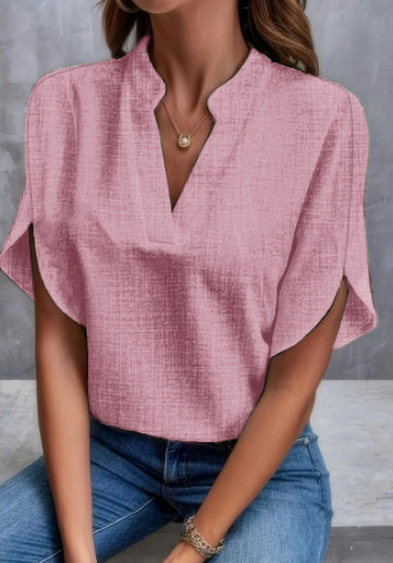 Women’s lightweight chiffon V-neck short sleeve pink A blouse for summer casual wear