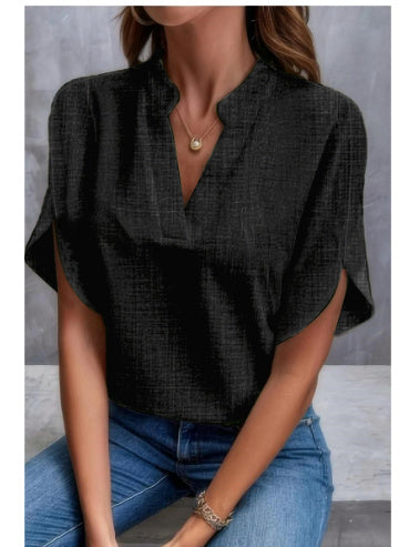 Women’s lightweight chiffon V-neck short sleeve Black blouse for summer casual wear