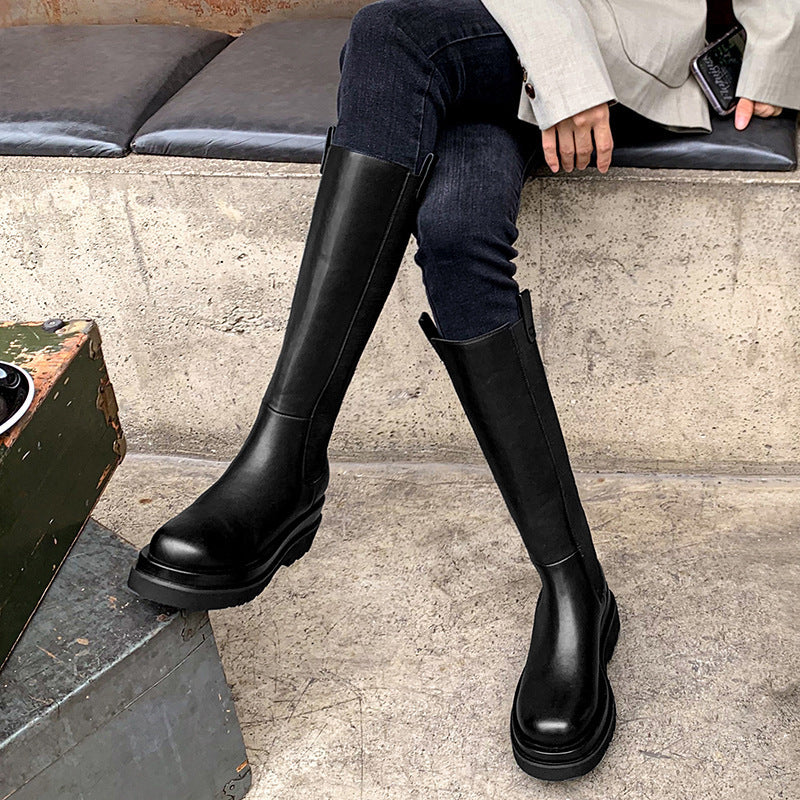 Chimney Boots Thick-soled High Boots White Full Leather Thick Heel Stretch Stovepipe Boots Women