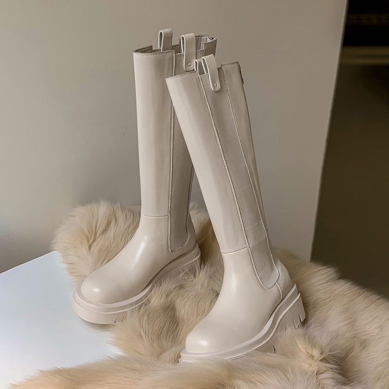 Chimney Boots Thick-soled High Boots White Full Leather Thick Heel Stretch Stovepipe Boots Women